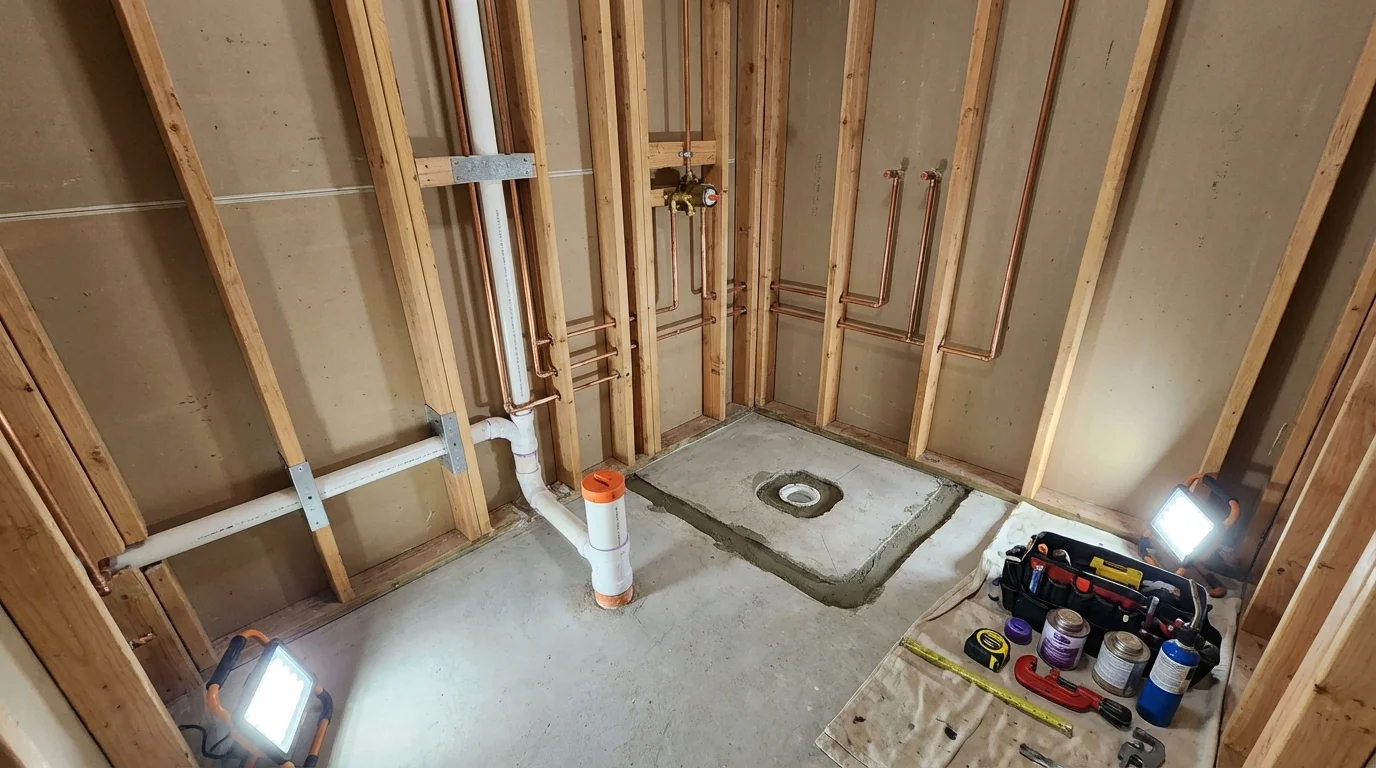 Bathroom rough-in plumbing during remodel by Johns Plumbing LLC in Fairless Hills