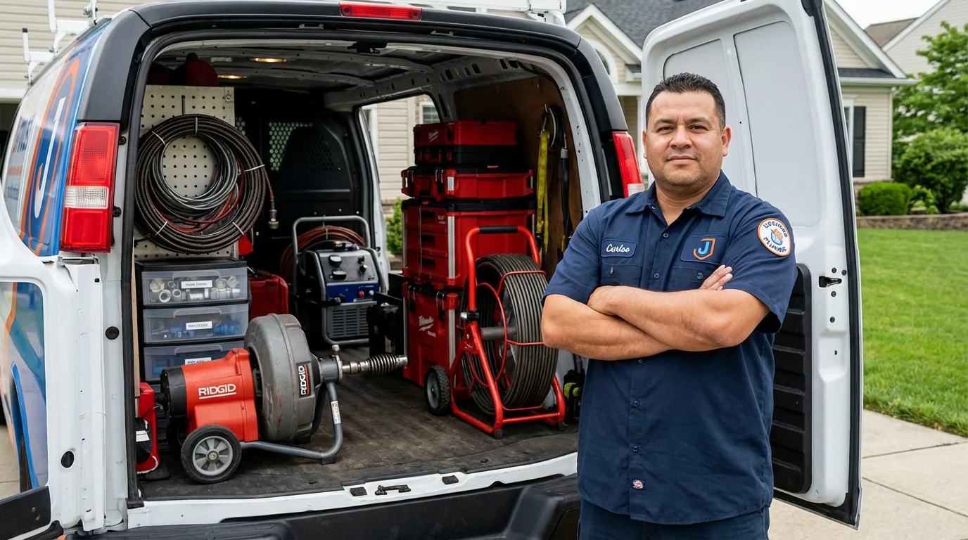 Professional drain cleaning equipment and Johns Plumbing LLC plumber in Fairless Hills