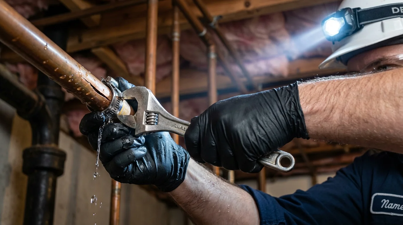 Emergency pipe clamp repair being performed by a Johns Plumbing LLC plumber in Fairless Hills