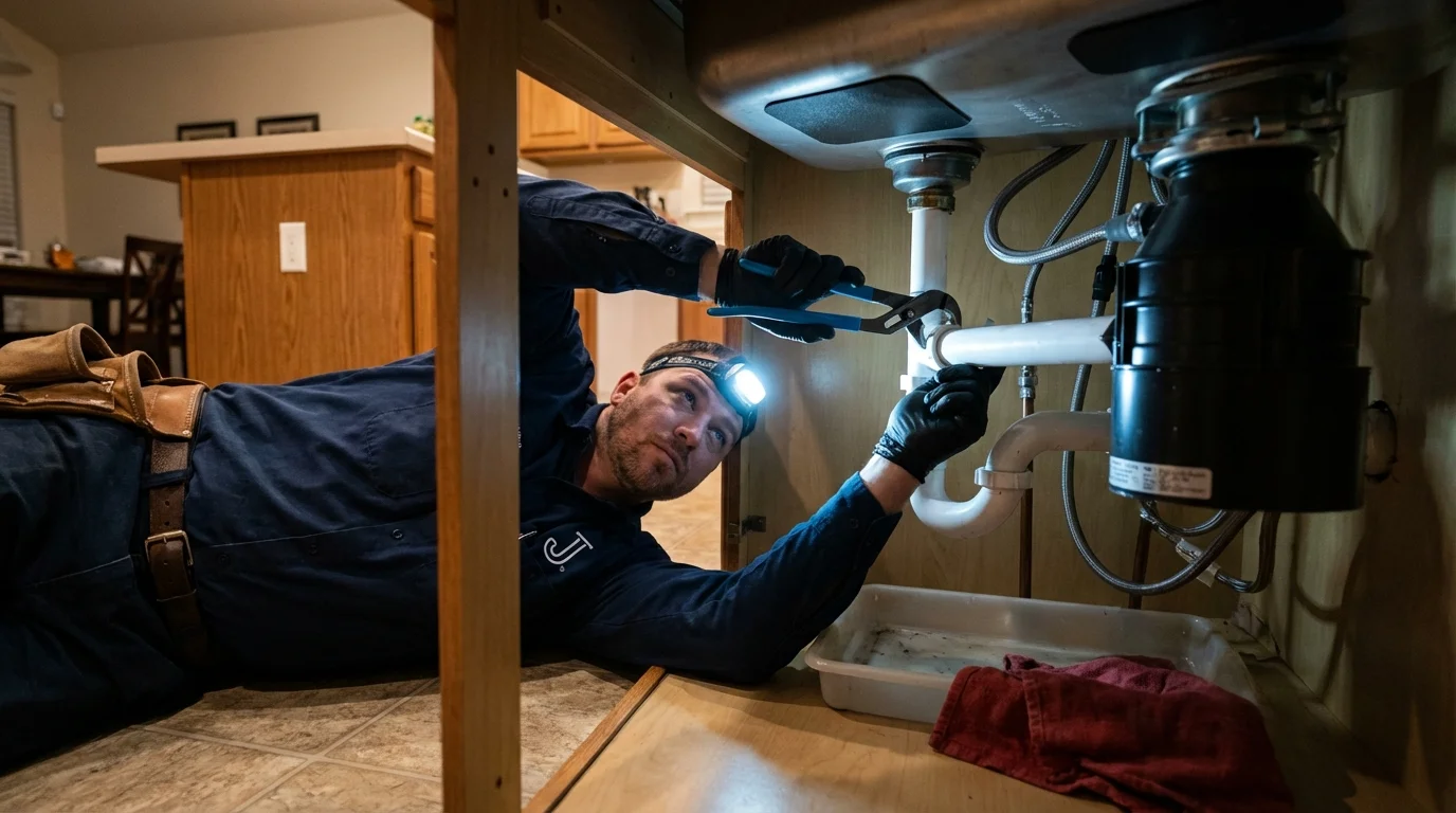 P-trap and supply line connections under a kitchen sink showing a common leak point in Fairless Hills, PA